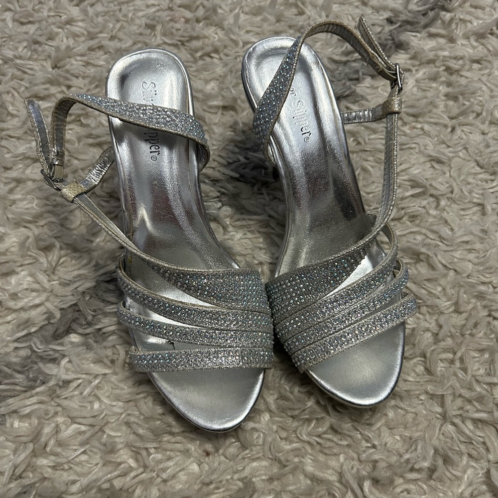 Silver High heels with Rhinestones
